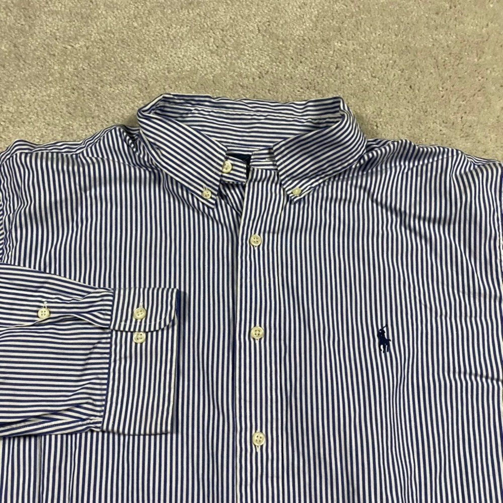 Polo Ralph Lauren Shirt Mens 17.5 32/33 Classic Fit Striped Button Down Blue